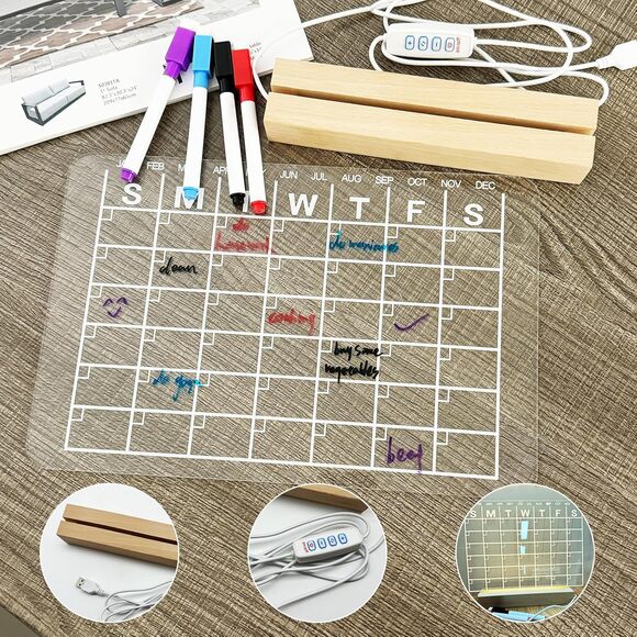 LED Lights Home Office Clear Dry Erase Board Calendar + 4 Markers 13x9 inch - Picture 1 of 9